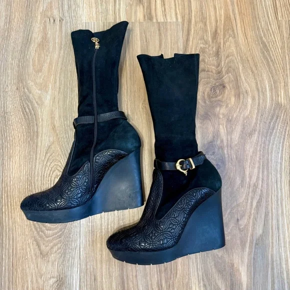 FABI Black Suede & Embossed Leather Platform Wedge Ankle Boots - Picture 4 of 6